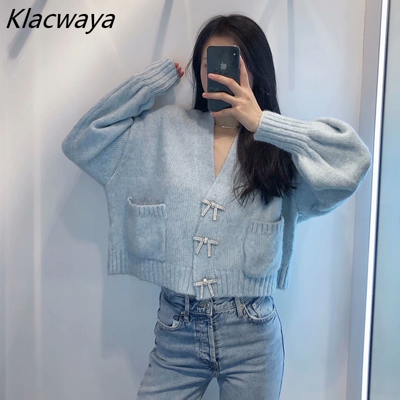 

Women' Clothing Fashion Faux Gemstone Bow Button Sweater V-Neck Lantern Puff Sleeve Knit Cardigan Jacket 210521, Sky blue
