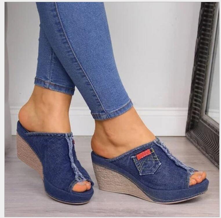 

Dress Shoes Women Black Blue Denim Wedges Sandals Summer Classic High Heel Slippers Sexy Platform Toe Slides Fashion Female