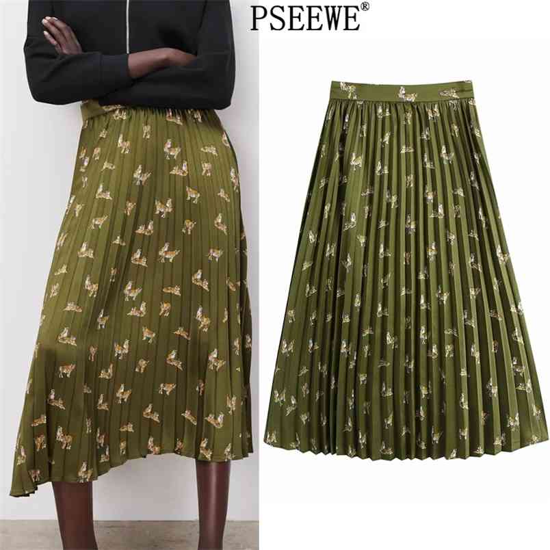 

Pleated Long Skirt Women Green Animal Print High Waist Skirts Woman Spring Vintage A Line Casual Female 210519