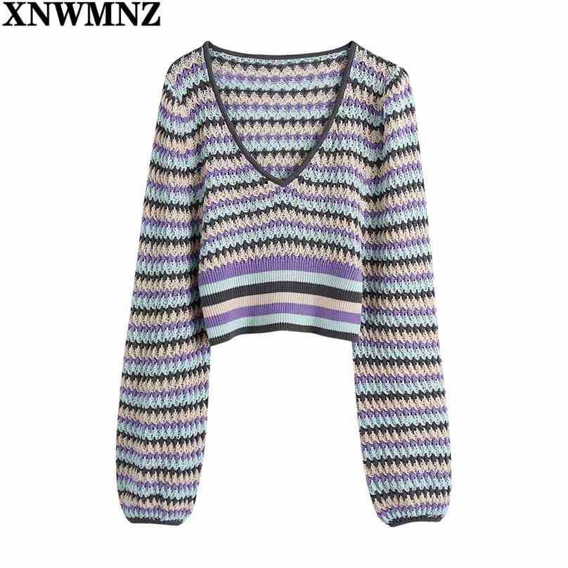 

Women Fashion stripe cropped knit sweater Knitting Sweater Ladies V Neck long balloon sleeves Pullovers Tops 210520, Lavender