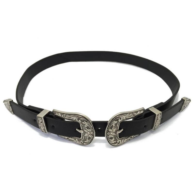 

Belts 80% Women Belt Vintage Faux Leather Two Buckles Waist Band For Jeans Dress Pants Women's Accessories, Silver