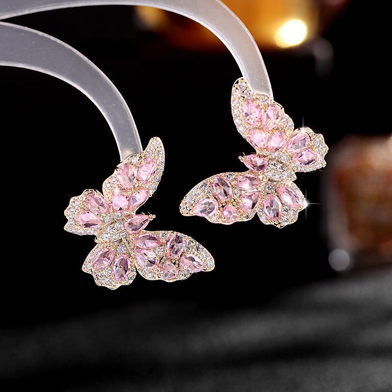 

Stud European And American Heavy Industry High-end Color Zircon Atmospheric 925 Silver Needle Stereo Butterfly Earrings