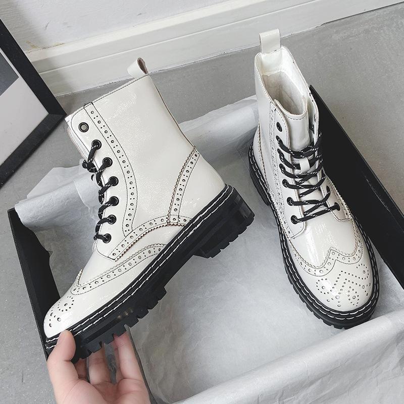 

Boots women's Korean Brock casual middle tube British style mirror lace up 076K, Wine red