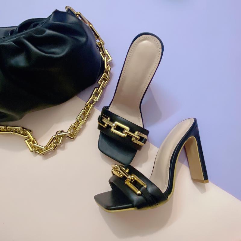 

Sandals 2021 Women Pumps Open Toe Ladies High Heel Slippers Fashion Thick Heels Female Chain Woman Elegant Shoes, Black
