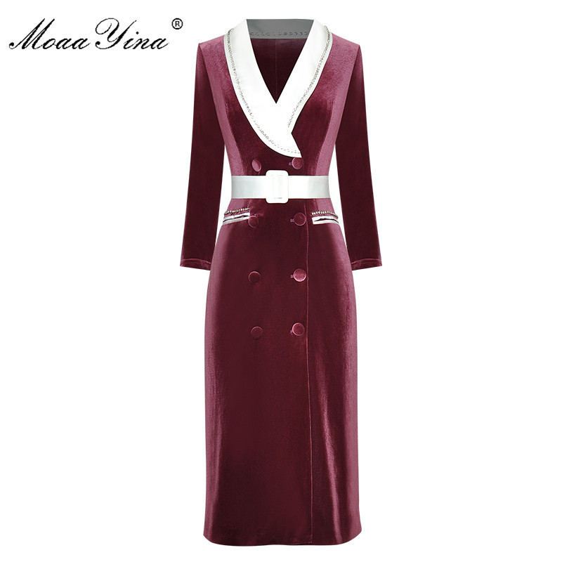 

Fashion Designer dress Autumn Women's Dress Beaded turn-down collar Long sleeve Double breasted lace-up Velvet Dresses 210524, Fuchsia