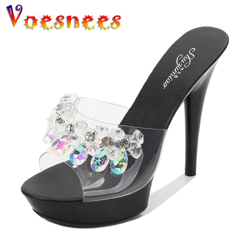 

Voesnees Women's Crystal Shoes Word Strip 2021 Summer Fashion 13cm Wild Sexy High Heels With Non-slip Clear Slides Slippers, Black