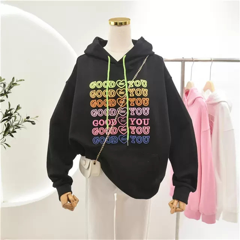 

Korean Fashion Gradient Pink Heart Embroidery Hoodie Women Oversized Good For You Sweatshirt Y2K Long-sleeved Pullovers Hoodies, Black