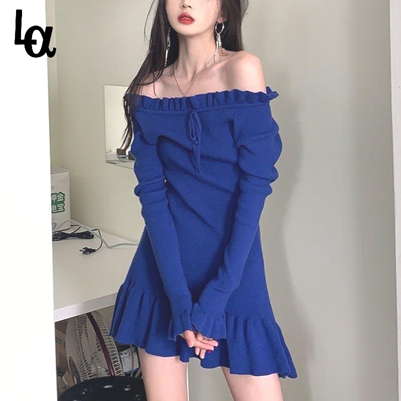 

Summer Kawaii Knitted Dress Women Sweet Blue Designer Irregular Korean Style Fashion High Street Sexy Party 210519