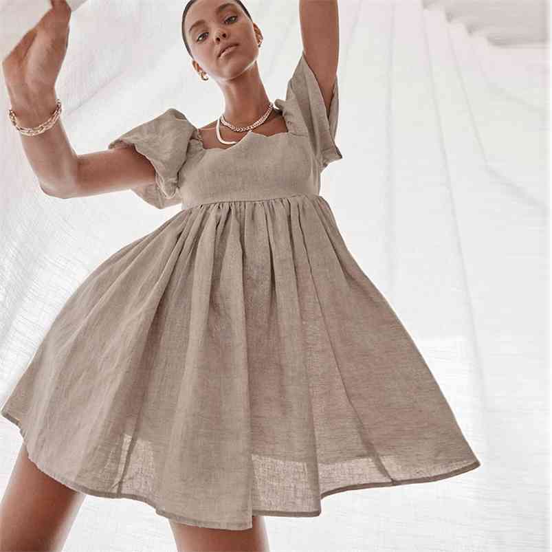 

MOARCHO Dresse Square Neck Puff Sleeve Mini Dress Pure Color Simple Temperament Fashion Leisure Cotton and Linen 210701, Khaki