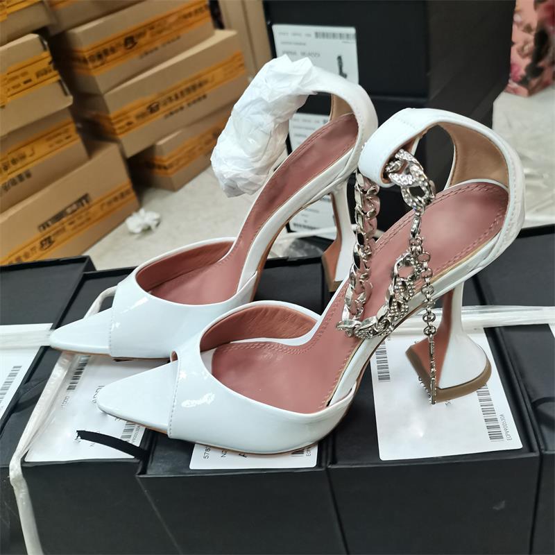 

Summer High Heels Sandals Pointed Toe With Chain Buckle Genuine Leather Ladies Party Wedding Shoes Quality Zapatillas Mujer Dress, As pics