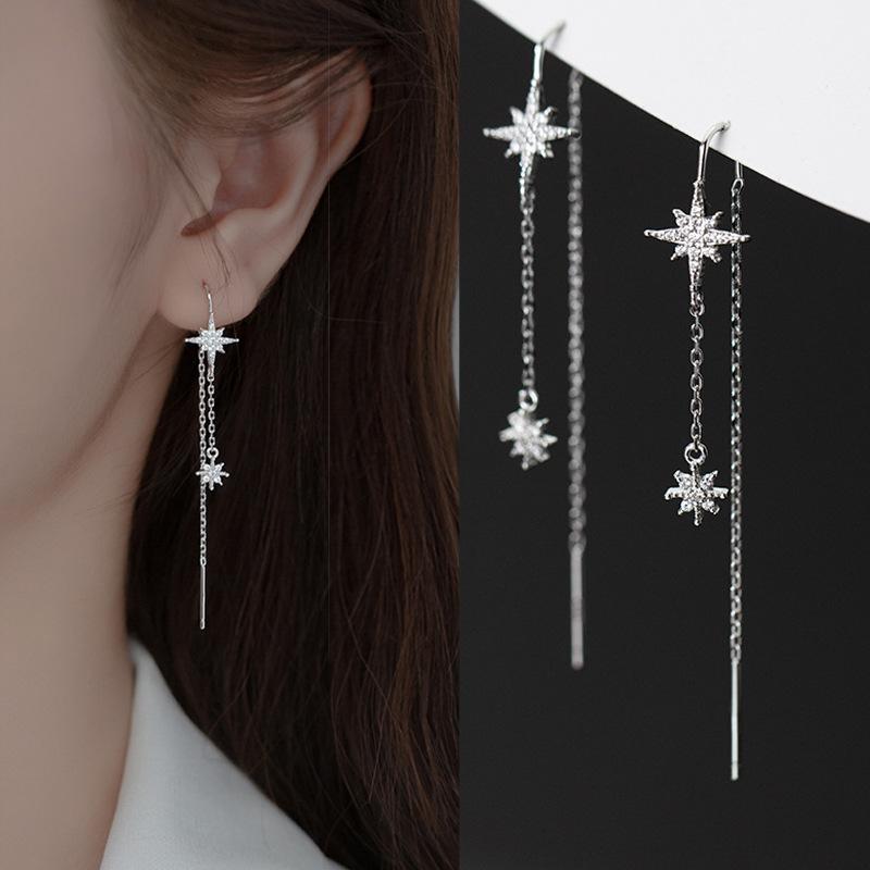 

Dangle & Chandelier Real 925 Sterling Silver Star Threader Earrings Delicate Long Stars Tassel Pull Through For Women