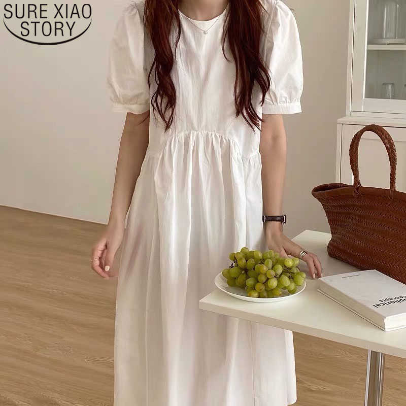 

Long Dress Summer Plus Size Loose Casual Dresses Korean Chic Round Collar Solid Puff Sleeves Maxi Dresses for Women 14512 210527, Blue