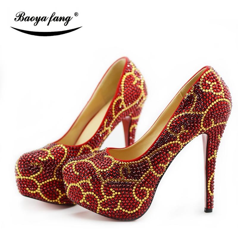 

BaoYaFang Red Crystal Womens Wedding Shoes Bride High Heels Platform And Purse Sets Woman Big Size 43 Dress, Black