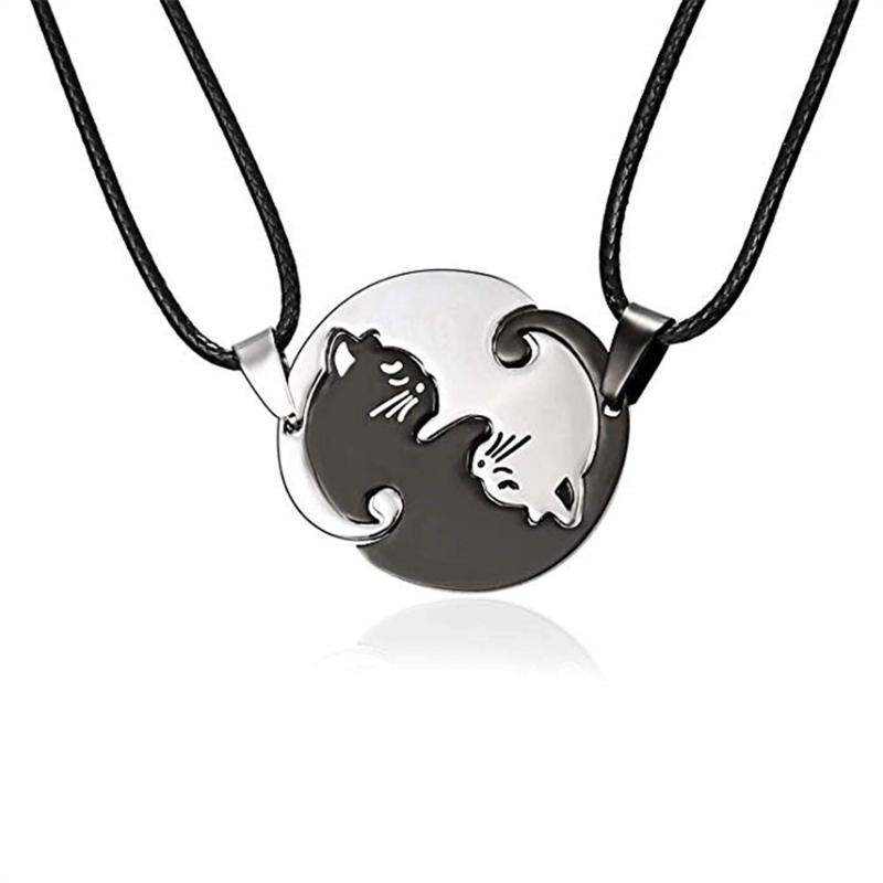 

Stainless Steel White Black Yin Yang Pet Cat Pendant Puzzle Matching Necklace Chain For Couple Lover Valentine's Gift Halloween Necklaces, Silver