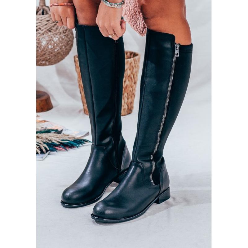 

Boots Black Color PU Leather Season 2021 Autmn Winter Fashion Stylish Knee-High Comfortable Standart Mold Daily Lady Women