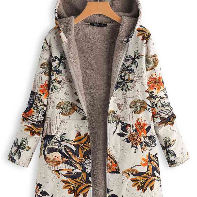 

2021 winter pop new women' cotton linen printed Hoodie warm Plush coat, Navy blue