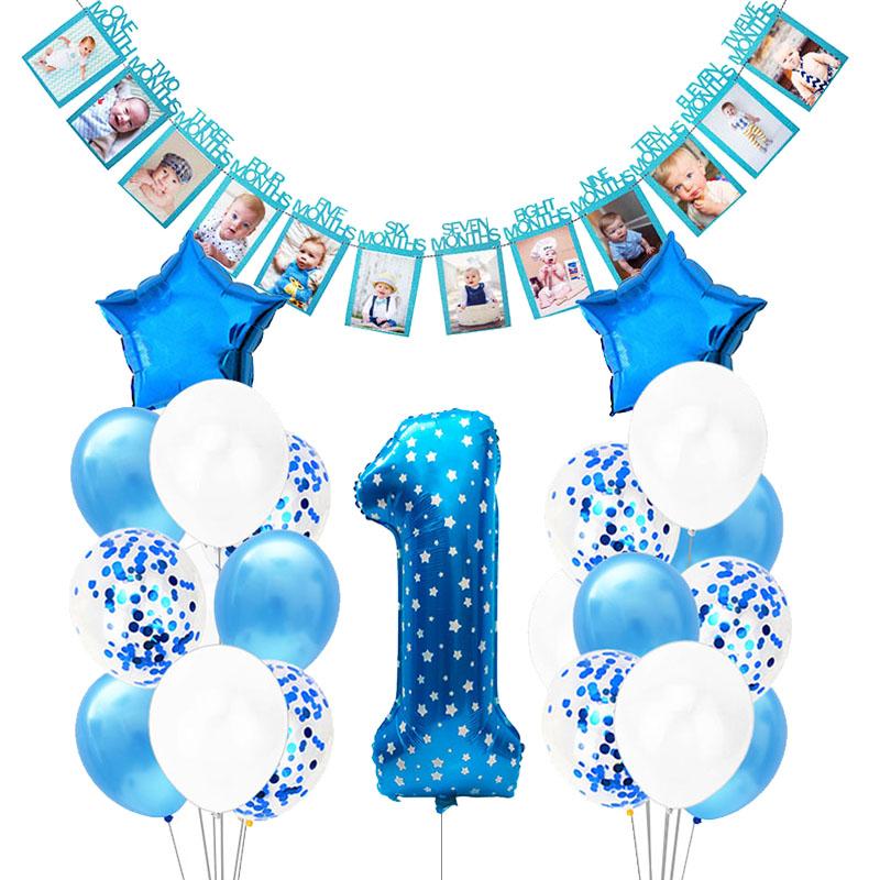 

Party Decoration Blue 1 Balloons Set Paper Month Po Banner 1st Happy Birthday Decorations First Baby Boy My One Year Supplies