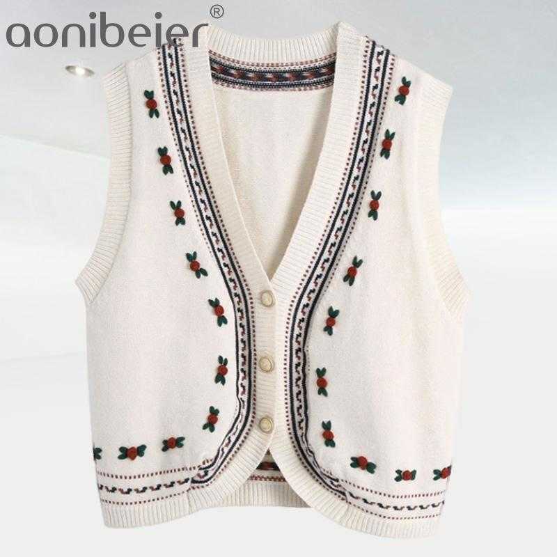 

Women's Sweaters Spring Autumn Knit Vintage Woman Cardigan Sleevelees Female Flower Knitted Tops OL Vest 3 Button 210604, Beige