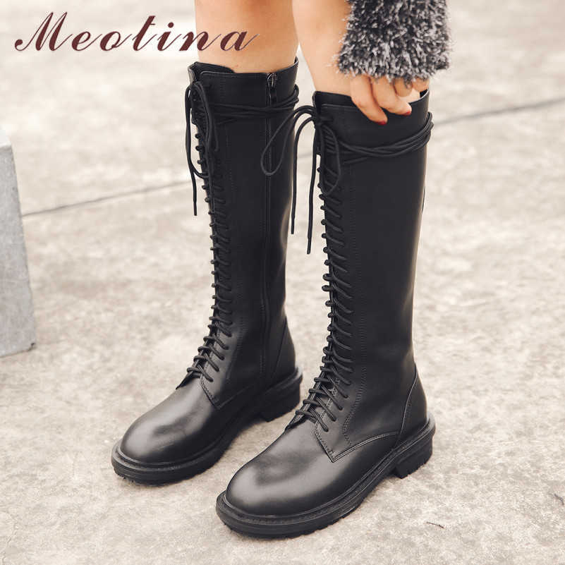 

Meotina Winter Knee High Boots Women Natural Genuine Leather Thick Heels Long Boots Zipper Round Toe Shoes Female Autumn Size 39 210608, Black synthetic lini