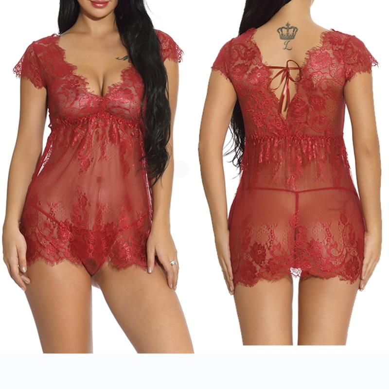 

2 pcs new lace underwear transparenttwo-piece implosion stockings lace perspective sling pajamas, Red;black