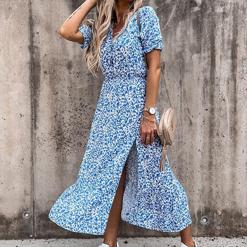 

summer long high split womens dresses floral print v neck puff sleeve spring short a line beach midi ladies, Black;gray