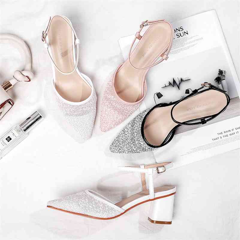 

Summer Shoes Women Sandals Mesh Air PU Soft Comfortable Square High Heel Ankle Straps Point Toe White Pink Black Pumps 210520, 053-15-white