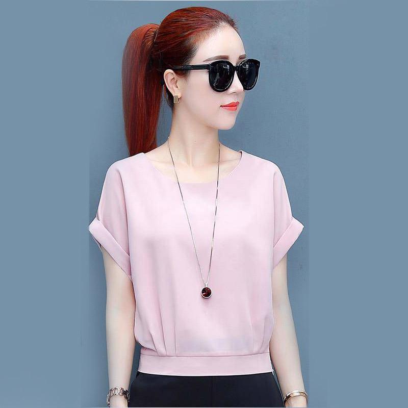 

Women's Blouses & Shirts Fashion Spring Summer Chiffon Casual Solid Short Sleeve O-neck Slim Elegant Tops, Pink