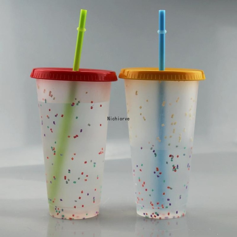 

24oz Plastic with Lid Straw 710ml Reusable Coffee Mug Rainbow Color Changing Water Bottle Cold Drink Magic Tumblers FY4496, As pic