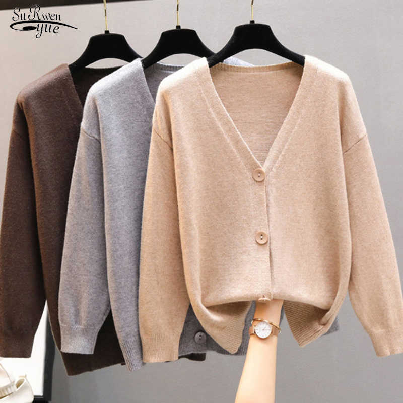 

Spring Autumn Cardigan Sweater Women Coat V-neck Casual Long Sleeve Sweater Loose Plus Size Knitted Cardigan Sweaters 210527, Gray