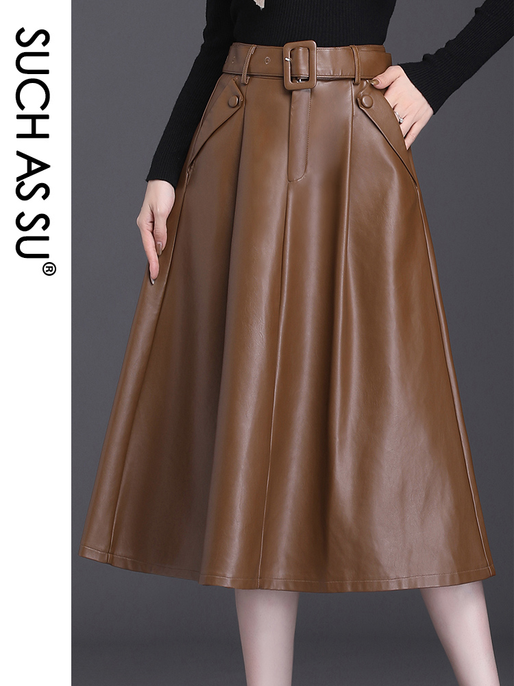 

SUCH AS SU 4 Colors Available Autumn Winter New Arrival Ladies Skirts Pockets Pleated High Waist Leather Plus Size Women Skirts, Black