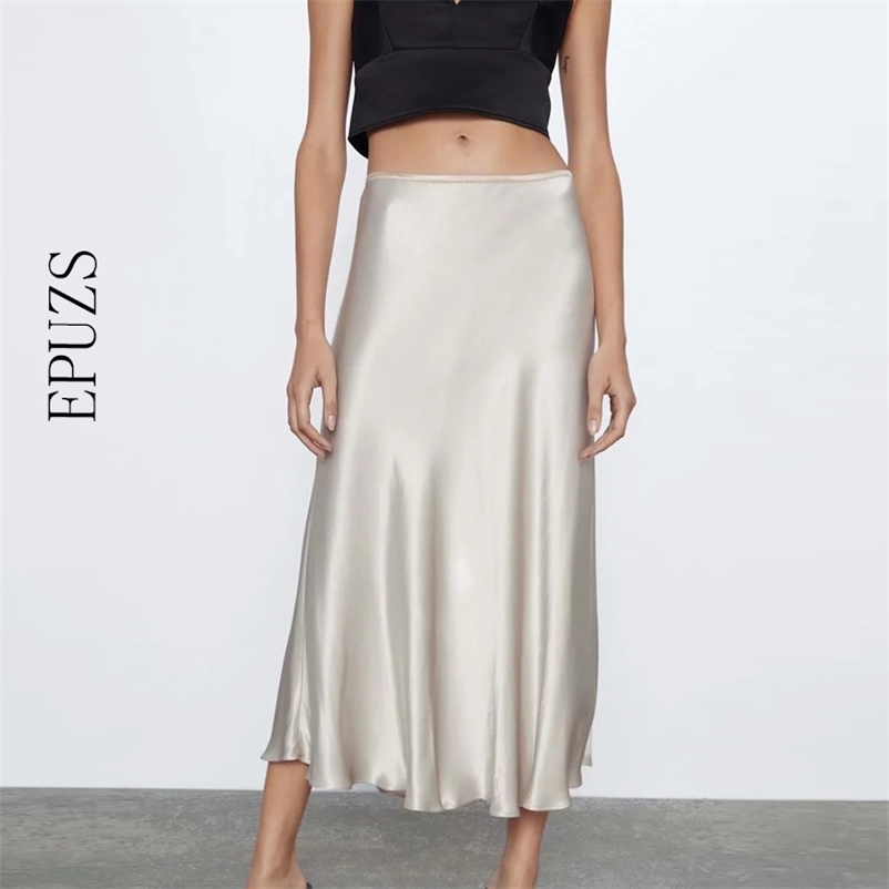 

elegant silk high waist satin skirts women causal office midi vintage silver yellow A-Line 210521, Beige