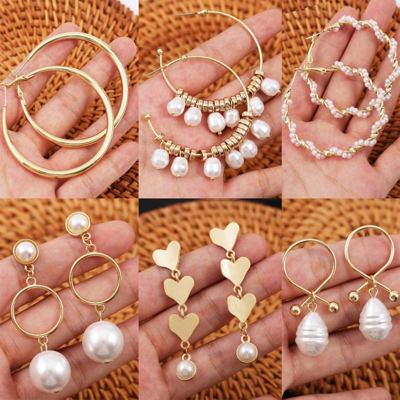 

Hoop & Huggie Oversize Retro Pearl Circle Earring Baroque Jewelry 12 PAIRS/LOT E-043