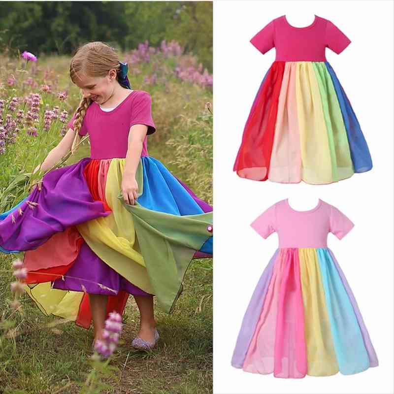 

rainbow color for girls girl dress short sleeve summer children carnival clothes colorful party dresses vestido infant, Red;yellow