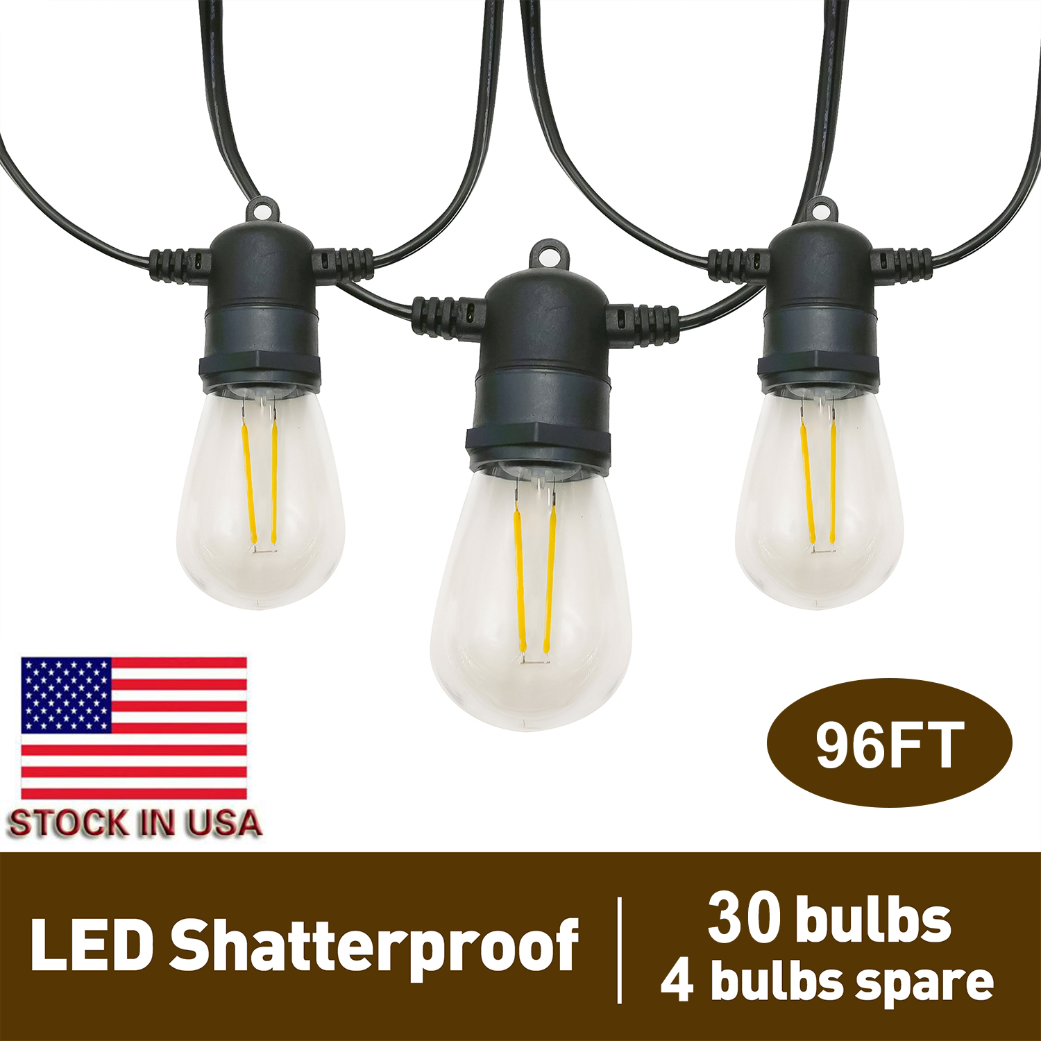 

96FT LED Outdoor String Lights with 34*2W Vintage Edison Shatterproof Bulbs(4 Spare), Waterproof Patio Lights for Garden Backyard Bistro Wedding, ETL Listed