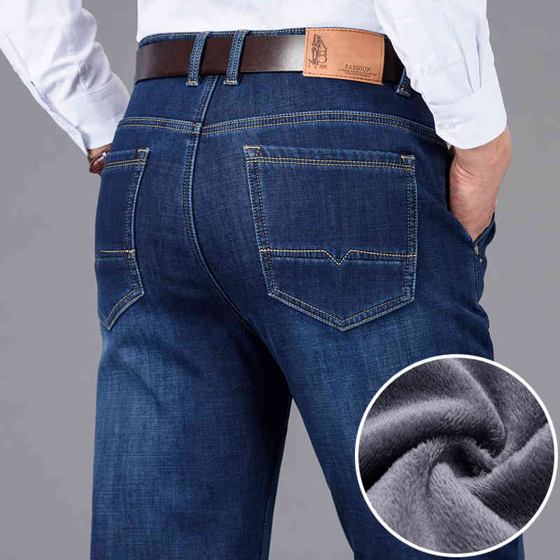 

Classic Style Winter Men's Warm Business Jeans Fashion Casual Stretch Thick Fleece Denim Pants Male Brand Trousers, Blue
