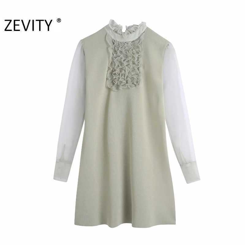 

Zevity Women Fashion Perspective Organza Patchwork Knitting Mini Dress Office Ladies Chic Casual Pleat Ruffle Vestido DS4585 210603, As pic ds4585bb