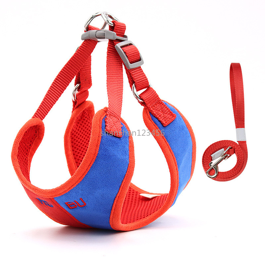 

Contrast Color Waistcoat Harnesses Leash Set Suede Fabric Soft Adjustable Leashes for Pet Dog Cats Supplies Will and Sandy Red Blue