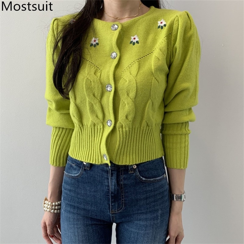 

Autumn Korean Twisted Knitted Embroidered Cardigans Sweaters Women Long Sleeve O-neck Single-breasted Vintage Tops Cardigan 210518, Green