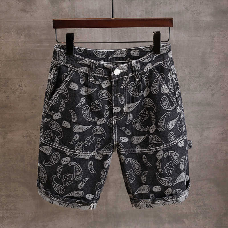 

Summer Street Fashion Men Jeans Printed Embroidery Designer Casual Overalls Cargo Denim Shorts Loose Fit Hip Hop Short, Retro blue
