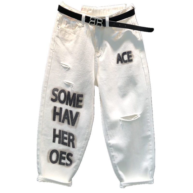 

Women' Jeans High Waist Loose Slim Harem Pants Streetwear Hole Letter Print Casual Ankle-length Spring 3088, White