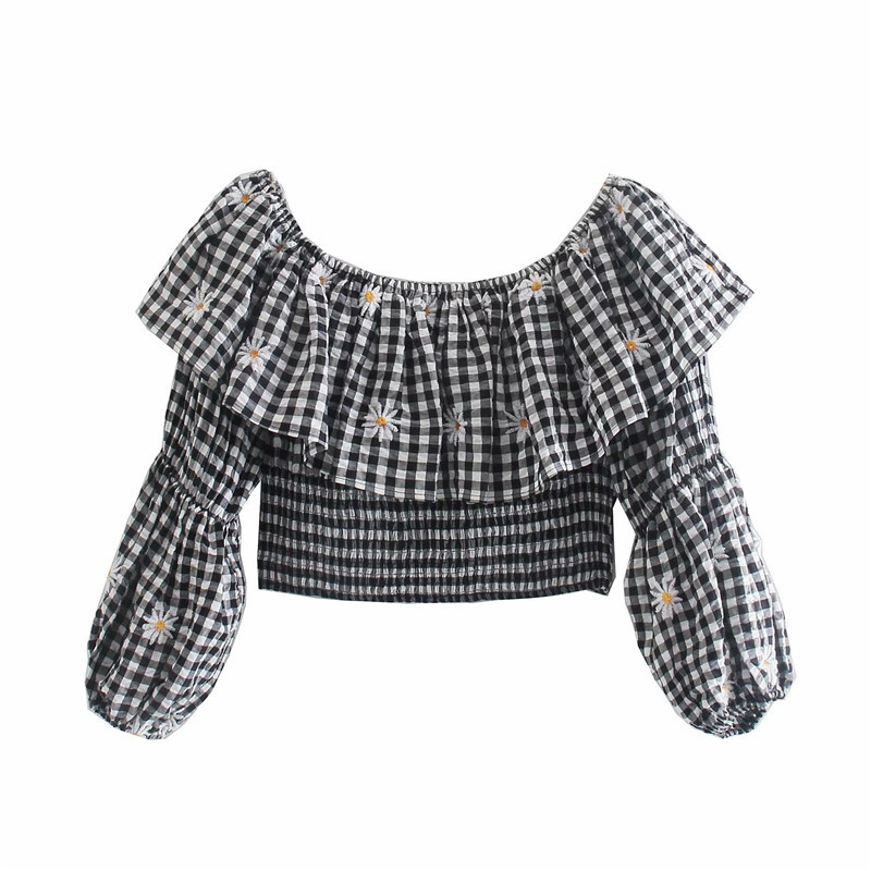 

Embroidered Blouse Women Long Puff Sleeve Cropped Plaid Top Chic Smocked Elastic Ruffle Retro Shirt Summer Blouses 210518, Black