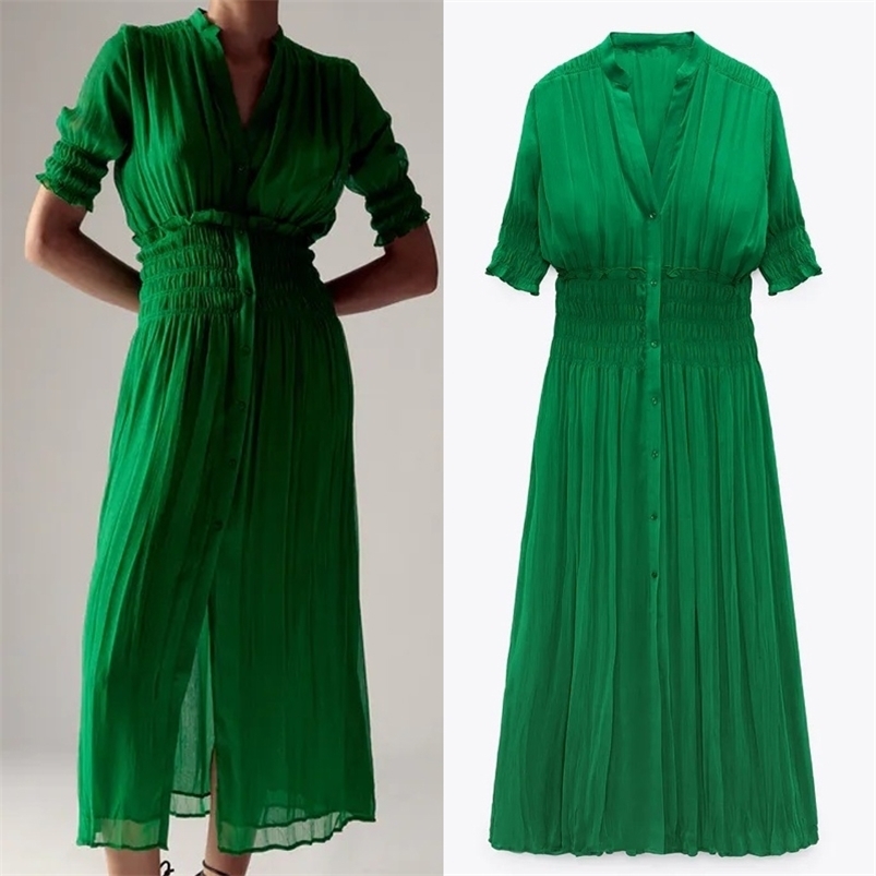 

TRAF Za Pleated Dress Woman Green Chiffon Summer Long Women Elastic Waist Ruched Short Sleeve Elegant Red es 210701