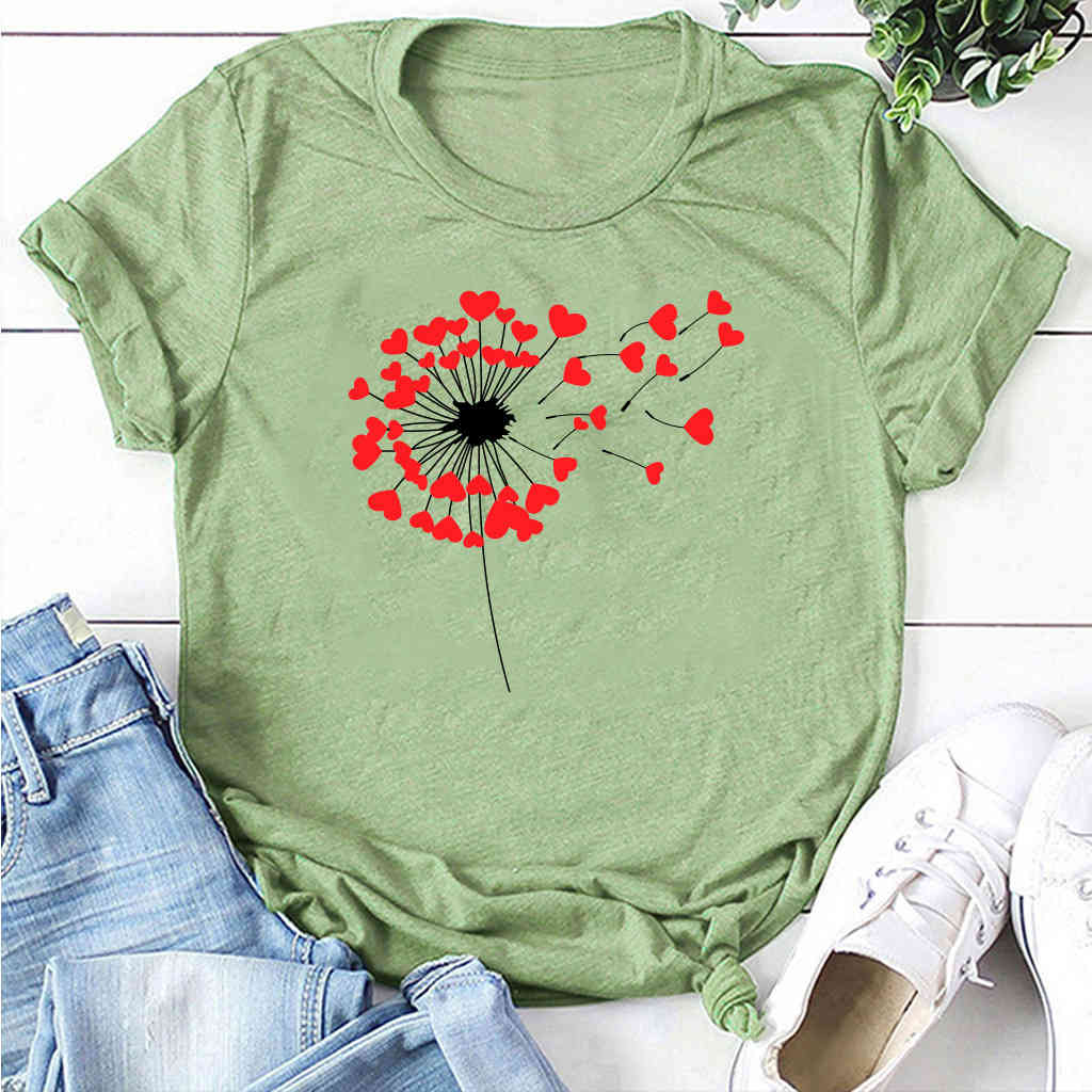 

summer women's love dandelion print casual inst shirt large short sve loose t-shirt women's autumn drs, White