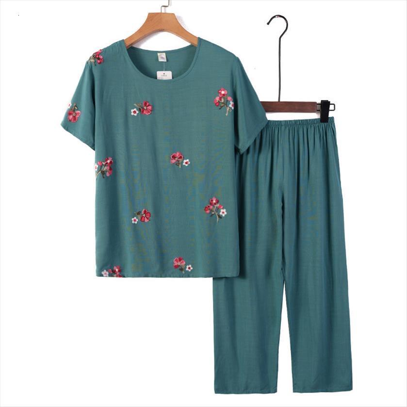

middle aged and elderly suits women tracksuits summer short sleeve cotton linen t shirt wide leg pants 2 pcs, Gray