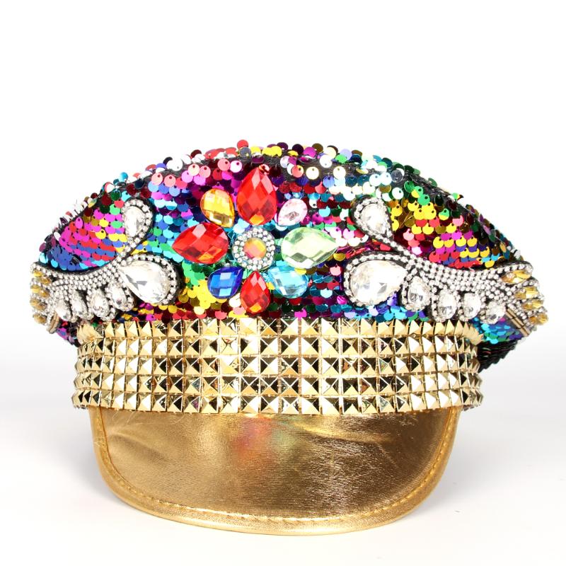 

Berets Women Military Hat Double Sided Sequin Burning Rhinestone Captain Sergeant Rave Festival Bachelorette Part, Mix color