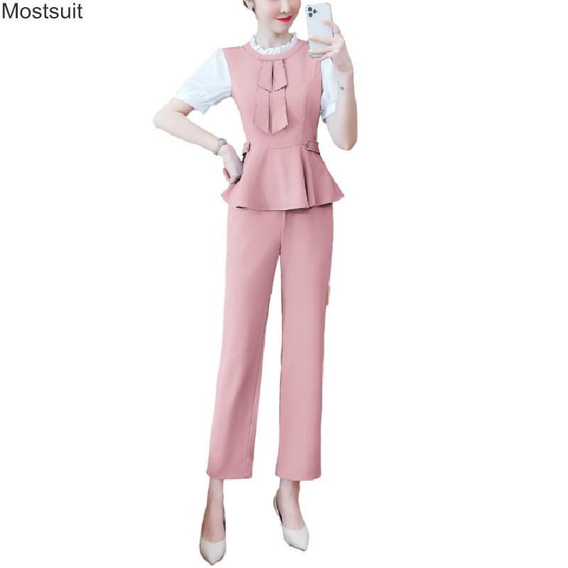 

Summer Fashion OL Two Piece Sets For Women Plus Size 2xl Short Sleeve Tunic Tops And Pants Suit Outfit Work Clothes Korean 210518, Blue