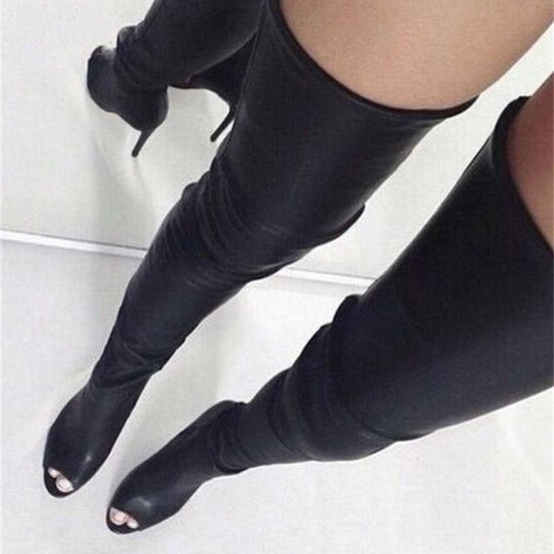 

boots women's open foot on their knee black leather with zipper ladies back high heeled in fancy dress spring bfe7