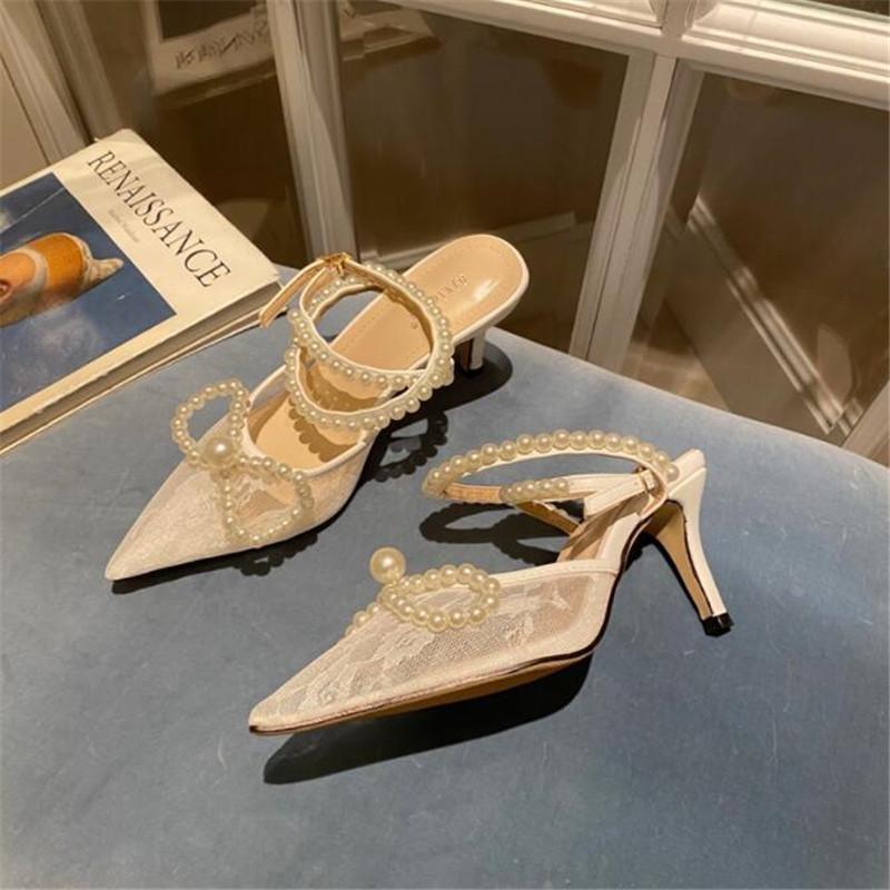 

Sandals 2021 Style Mesh Lace Pearl Ladies High Heels Bow-knot Genuine Women's Party Shoes 7CM Stiletto Size 4-7 8, Beige