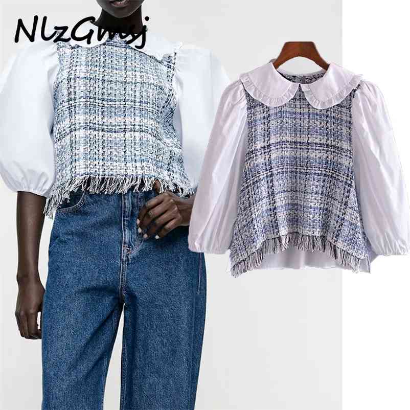 

Blouse Women Pullover Spliced Fashion Short Tops Peter pan Collar Puff Sleeve Female Shirts Outwear 210628, As picture