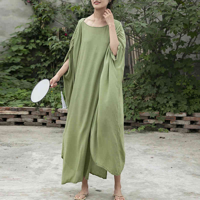 

Johnature Women Green Vintage Dress Bat Sleeve O-Neck Robes Summer Cotton Plus Size Women Clothes Fold Dresses 210521